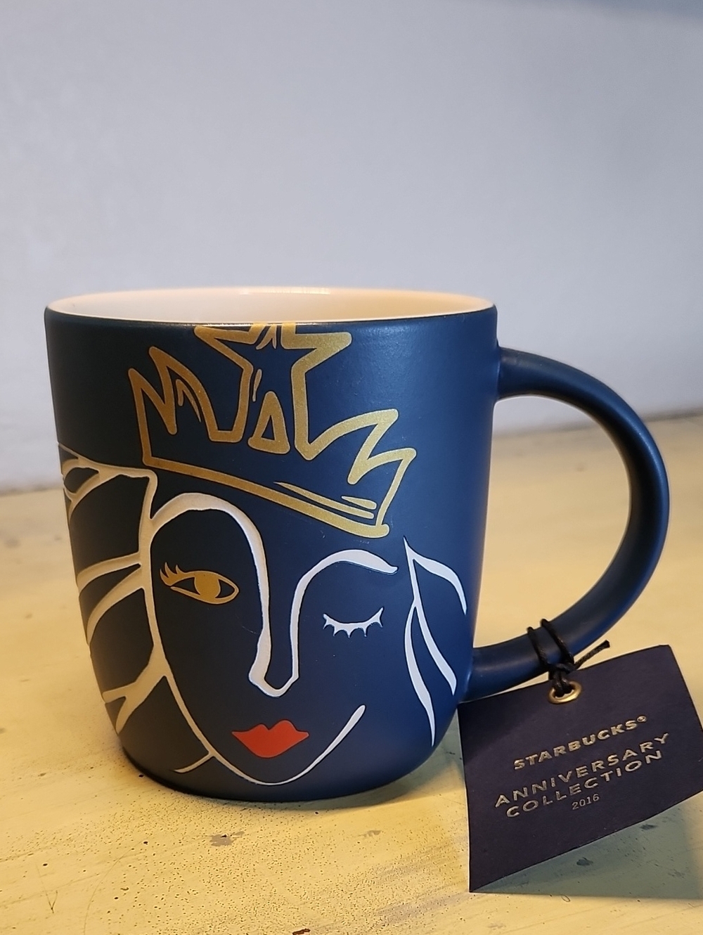 Starbucks 2016 Anniversary Collection Blue Matte Siren Gold Crown Mug 14 Oz